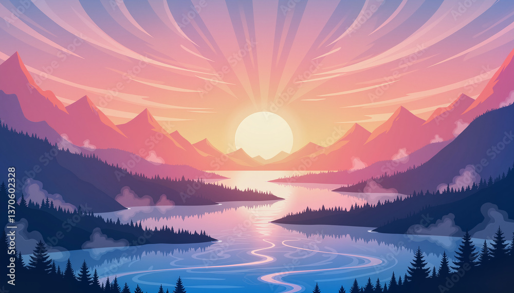 Fototapeta premium Sunset over River in Colorful Landscape Style
