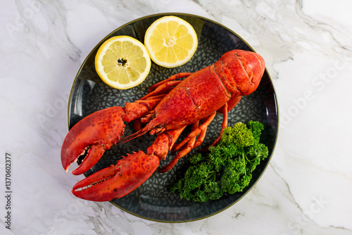 Close up of fresh steamed lobster with herbs