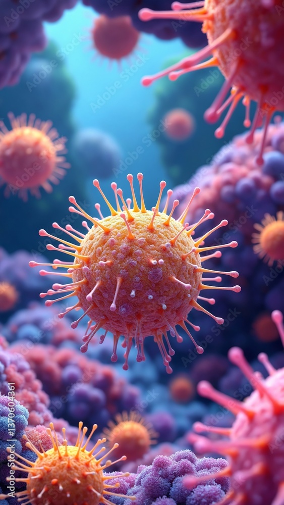 Naklejka premium Vibrant Microbial World with Colorful Bacteria and Virus Structures in a Surreal, Dreamlike Atmosphere and Ethereal Background