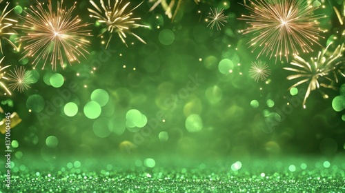 Green fireworks on a glittering, bokeh-filled background for celebration.