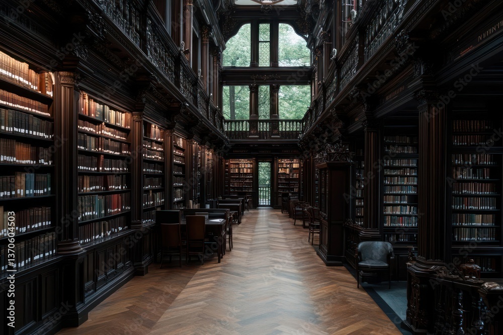 Grand wooden library interior with rows of bookshelves wooden tables and chairs natural light from large windows creating a calm atmosphere and inviting space Grand wooden library interior with rows of bookshelves wooden tables and chairs natural light from large windows creating a calm atmosphere and inviting space