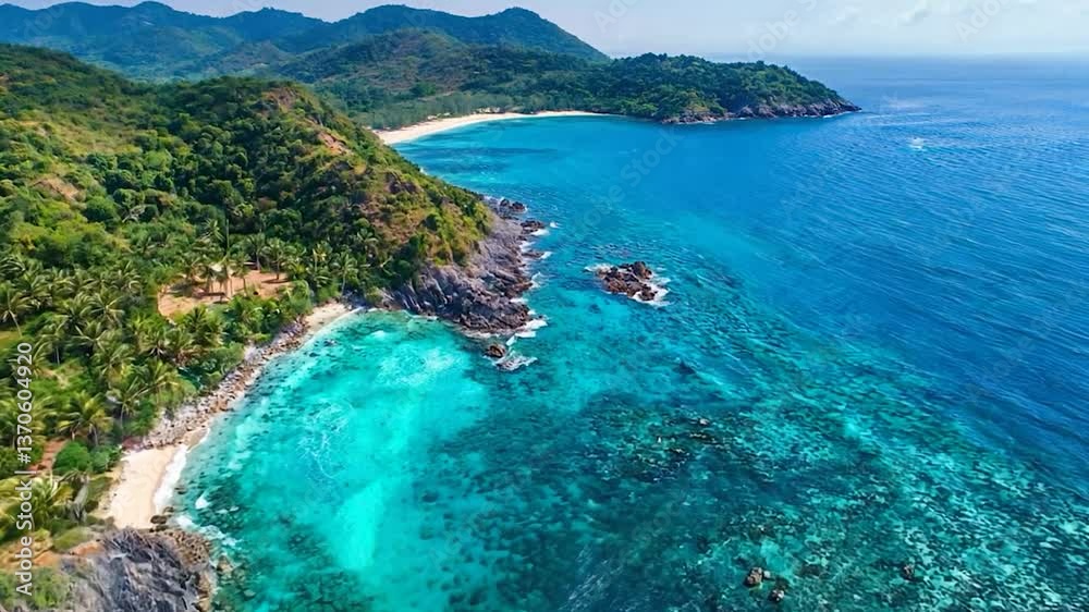 Aerial view of a pristine tropical beach with turquoise waters and lush green hills in the background Aerial view of a pristine tropical beach with turquoise waters and lush green hills in the background