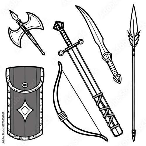 RPG weapon icon set, vector fantasy game sword collection, dungeon dragon battle attack object kit: magic sorcerer staff, warrior dagger, medieval bow, arrow, and character equipment vector
