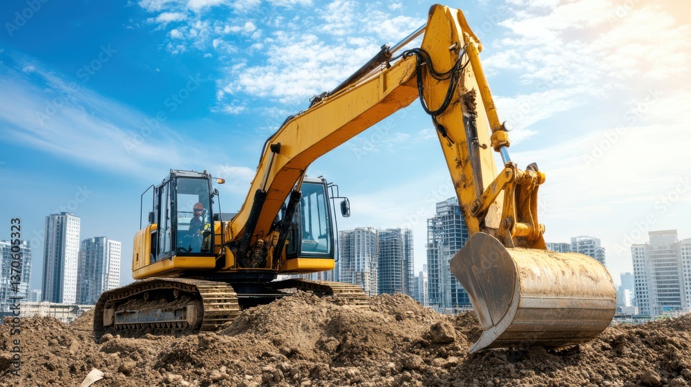 A large yellow excavator sits atop a dirt mound against a backdrop of urban skyscrapers, capturing the dynamic energy of urban construction. A large yellow excavator sits atop a dirt mound against a backdrop of urban skyscrapers, capturing the dynamic energy of urban construction.