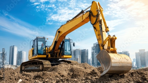 A large yellow excavator sits atop a dirt mound against a backdrop of urban skyscrapers, capturing the dynamic energy of urban construction.