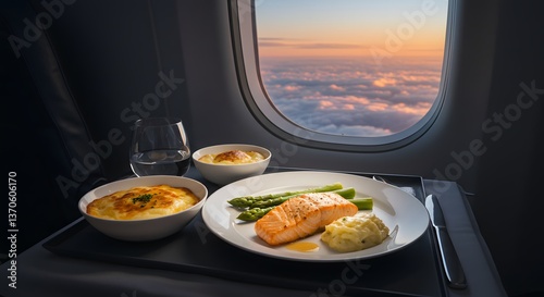 A salmon meal with asparagus on a tray table in an airplane by a window at sunset