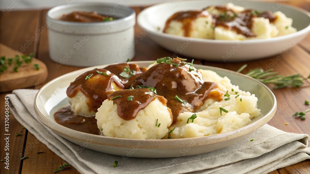 Deliciously smooth boiled potatoes generously topped with rich, savory gravy for a comforting meal Deliciously smooth boiled potatoes generously topped with rich, savory gravy for a comforting meal