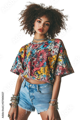 Women Fashion model wearing trending colorful shirt , modern outfit stylish clothing on a white background.