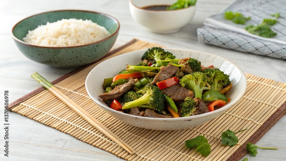 Beef and broccoli stir fry served on a bamboo mat with rice and sauce on the side Beef and broccoli stir fry served on a bamboo mat with rice and sauce on the side