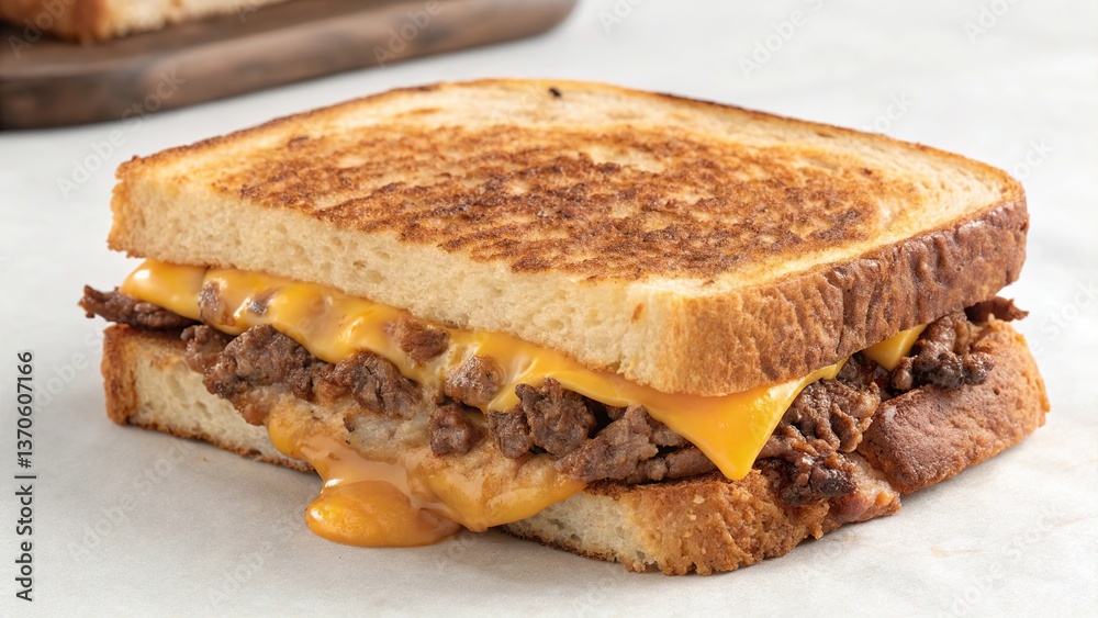 Juicy beef and cheddar sandwich with a perfectly crispy crust served on toasted bread in a cozy deli setting Juicy beef and cheddar sandwich with a perfectly crispy crust served on toasted bread in a cozy deli setting