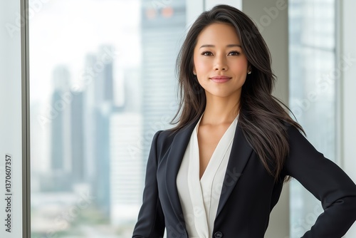 Professional Asian Woman Preparing for Corporate Meeting in High-Rise Apartment, Business Attire, City Skyline, Morning Light, Career Success, Ambitious Female, Leadership, Urban Lifestyle, Confidence