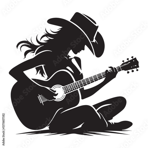 Silhouette of Cowgirl Playing Guitar Country Music Illustration