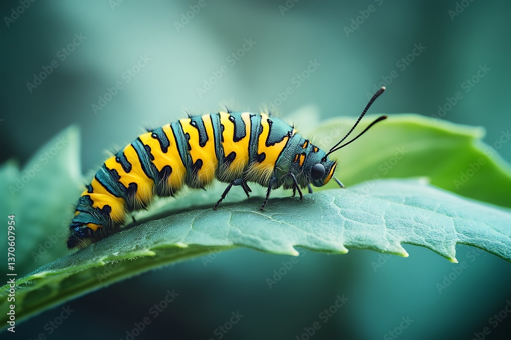 A caterpillar crawling along a leaf that gradually transforms into a butterfly, symbolizing metamorphosis A caterpillar crawling along a leaf that gradually transforms into a butterfly, symbolizing metamorphosis