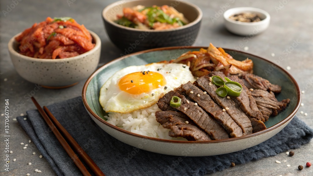 Enjoy a delicious bowl of beef bulgogi with kimchi and a fried egg on top of rice served in a Korean restaurant setting Enjoy a delicious bowl of beef bulgogi with kimchi and a fried egg on top of rice served in a Korean restaurant setting