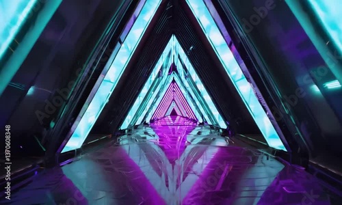 Laser tunnel technology Triangular corridor door of neon light 3d illustration Video animation	