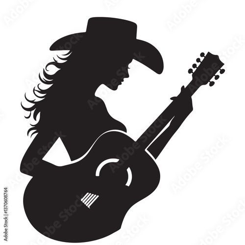 Silhouette Cowgirl Playing Guitar Vector Illustration for Music Enthusiasts