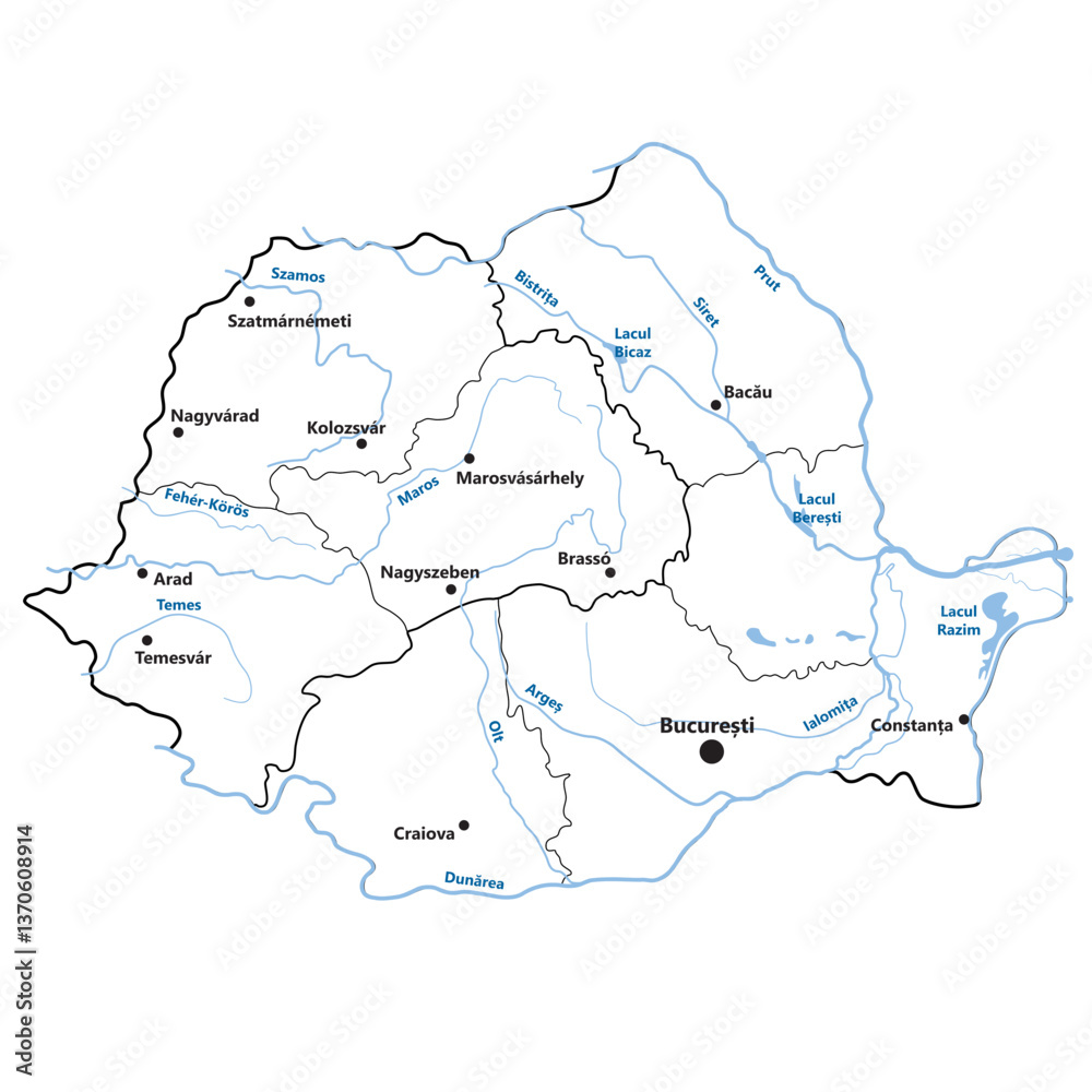Obraz premium Romania map with Transylvania, regions, waterways, cities and namings