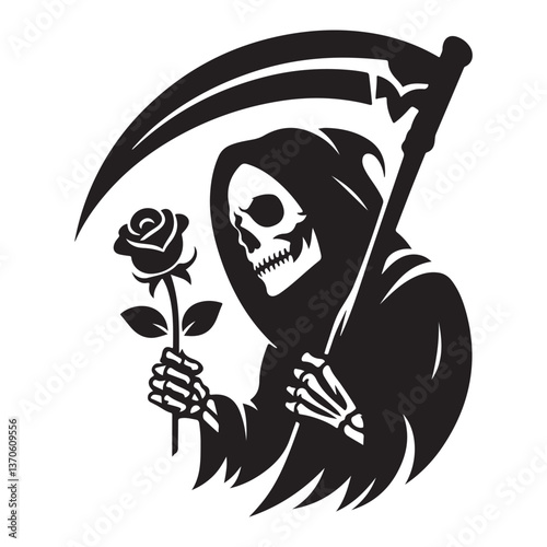 Grim Reaper Silhouette Vector Illustration Holding Rose with Scythe