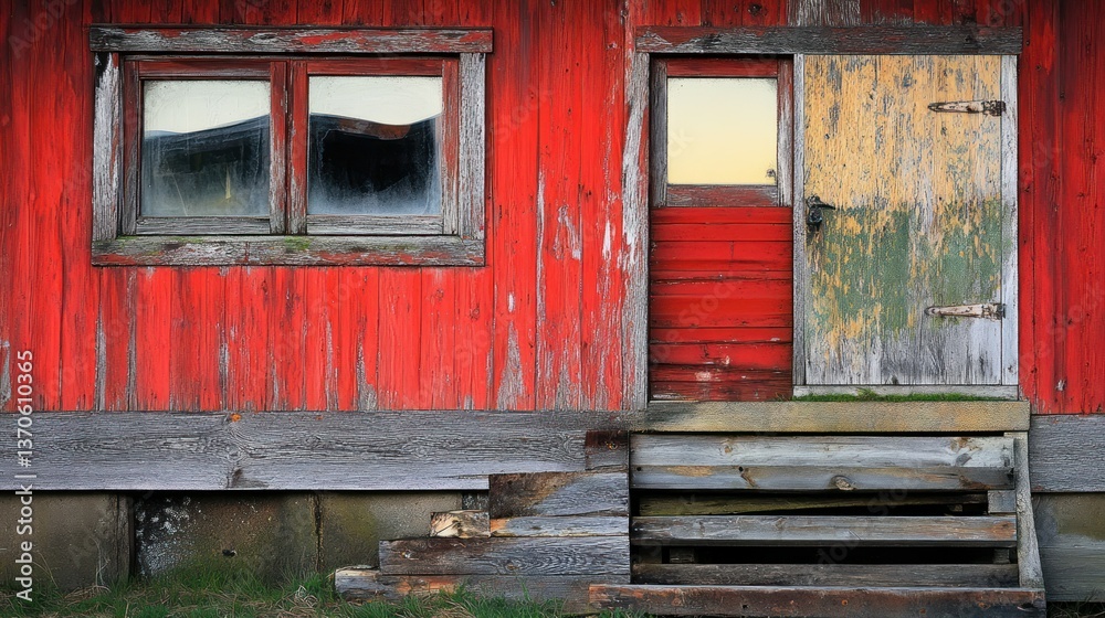 Weathered red wooden building with door window and steps outside Weathered red wooden building with door window and steps outside