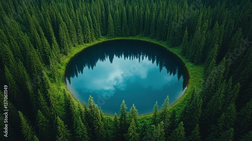 Serene alpine lake surrounded by a dense forest photo