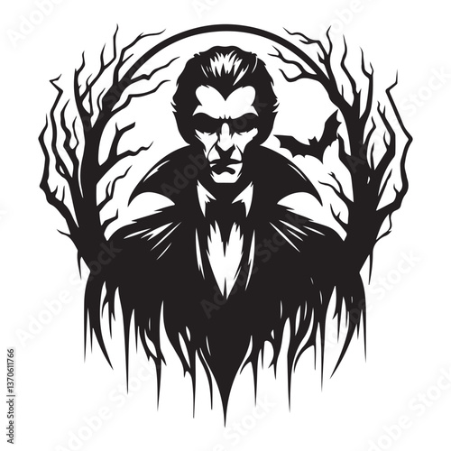 Scary Vampire Silhouette Surrounded by Trees and Bat Vector Artwork