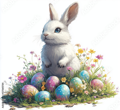 White Easter Bunny surrounded by colorful Easter eggs and flowers against a light background.
