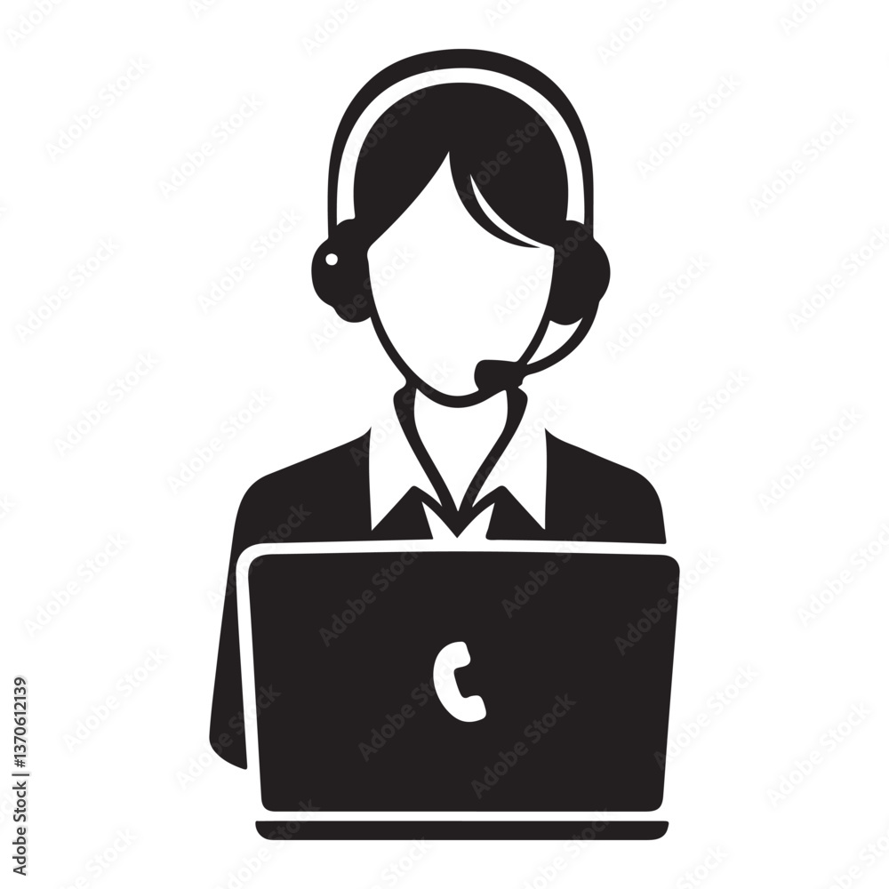 Professional Support Silhouette Vector Customer Service Assistant with Laptop Professional Support Silhouette Vector Customer Service Assistant with Laptop