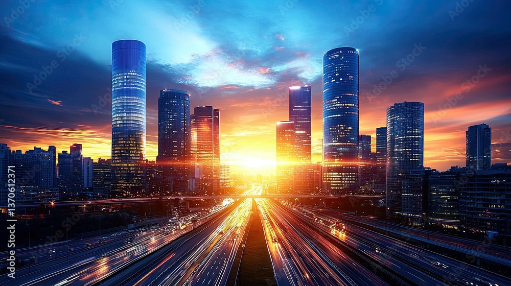 Fototapeta premium Sunset Metropolis: City Skyline at Dusk with Highway