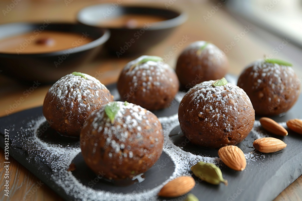 Chocolate Besan Ladoo plated modern style with cocoa powder coating, almond sliver and cardamom Chocolate Besan Ladoo plated modern style with cocoa powder coating, almond sliver and cardamom