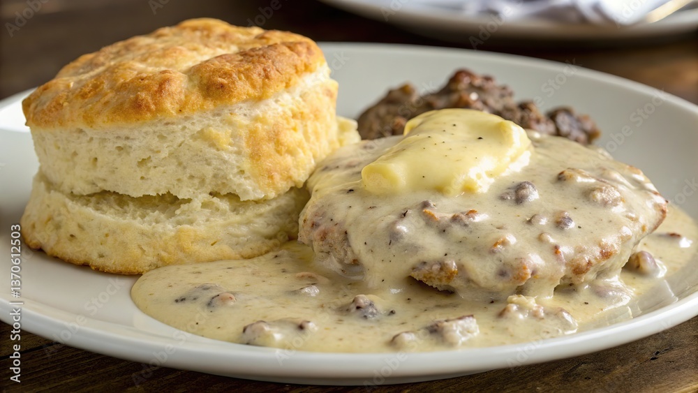 Delicious biscuits and gravy topped with butter served on a rustic wooden table in a cozy eatery