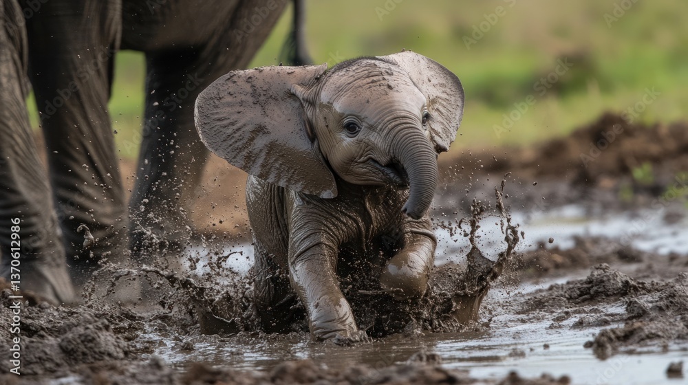 Fototapeta premium Adorable baby elephant joyfully splashing in a muddy puddle, capturing playful innocence