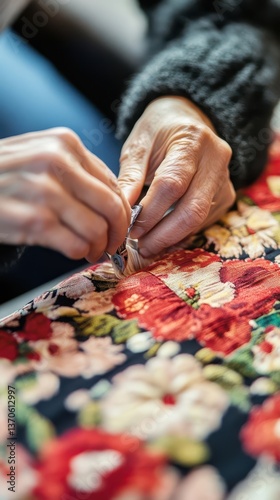 Elderly hands carefully sewing fabric with floral patterns displayed