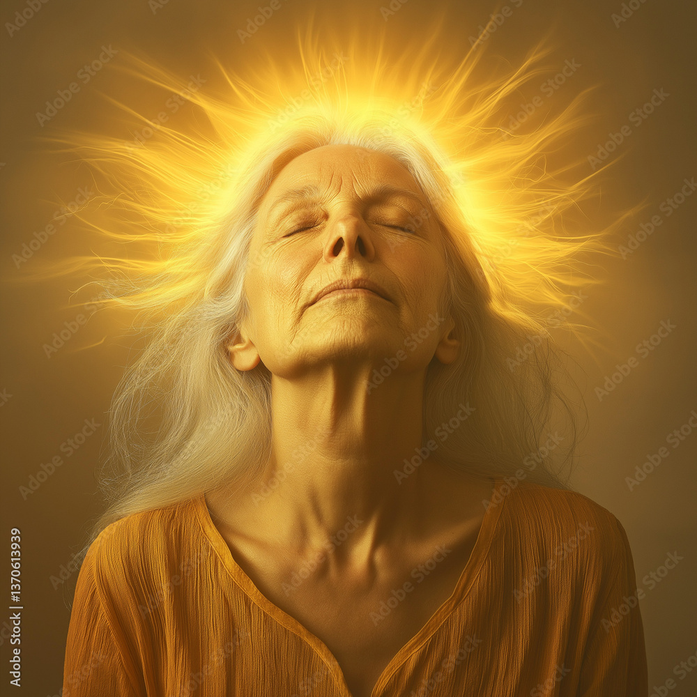 ethereal depiction of a woman, captured in a mid-torso-up portrait. The overall composition exudes warmth, light, and a sense of empowerment.