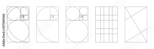 Golden ratio template. Method golden section pattern. Fibonacci array, numbers frames. Harmony proportions shapes. Outline graphic mockup.
