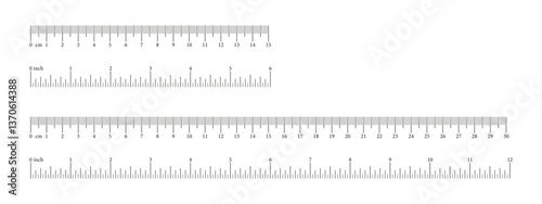 Measuring sticks. Ruler scales 6,12 inch and 15, 30 centimeters, markup, numbers. Measuring chart, metric, imperial units template icon. Distance, height, length measurement, sewing tool black mockups
