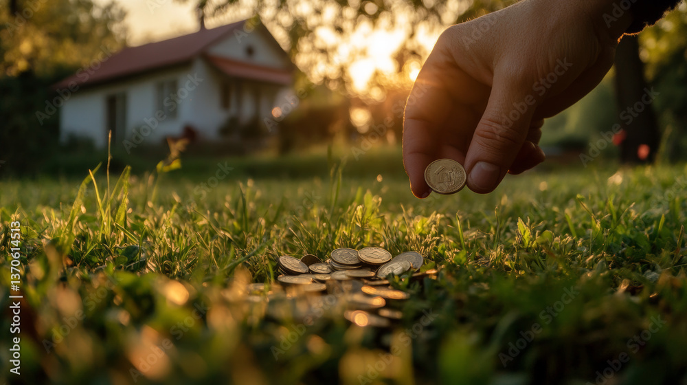 Fototapeta premium 3D vector real estate and coin hand holding on background. 3d money saving to loan house, property concept of financial, money saving investment. 3d stack of coins and a tiny house bank on background