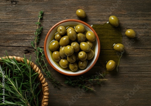 Fresh green olives in a bowl with herbs and olive oil on a wooden table
