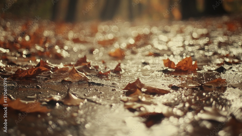 Fallen autumn leaves on a wet ground surface with light reflections Fallen autumn leaves on a wet ground surface with light reflections