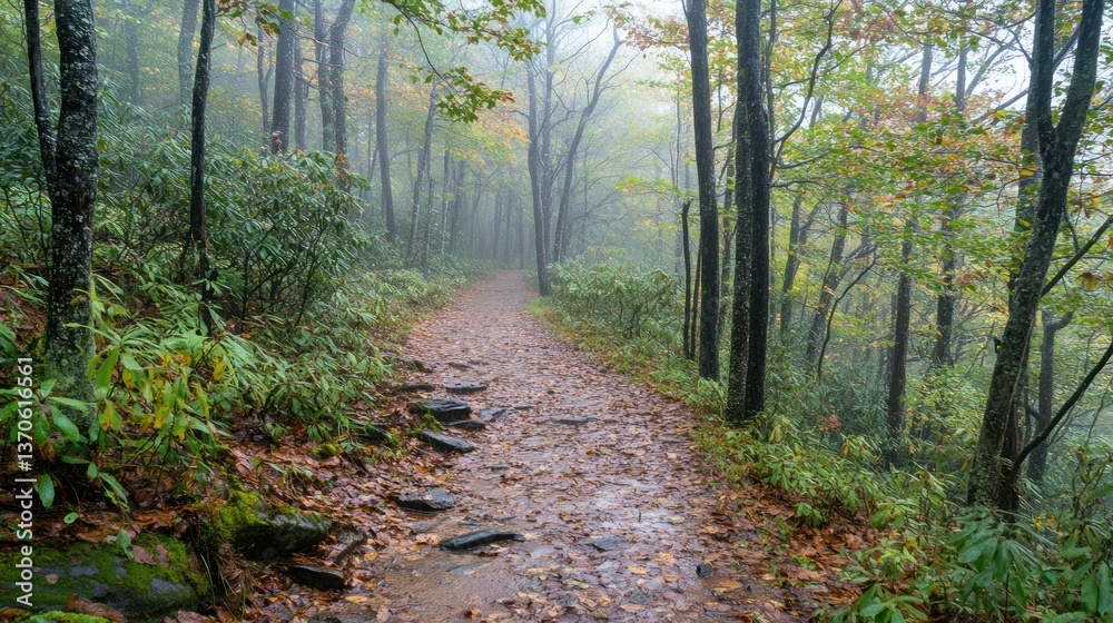 Fototapeta premium A pathway meanders through a misty and lush forest landscape