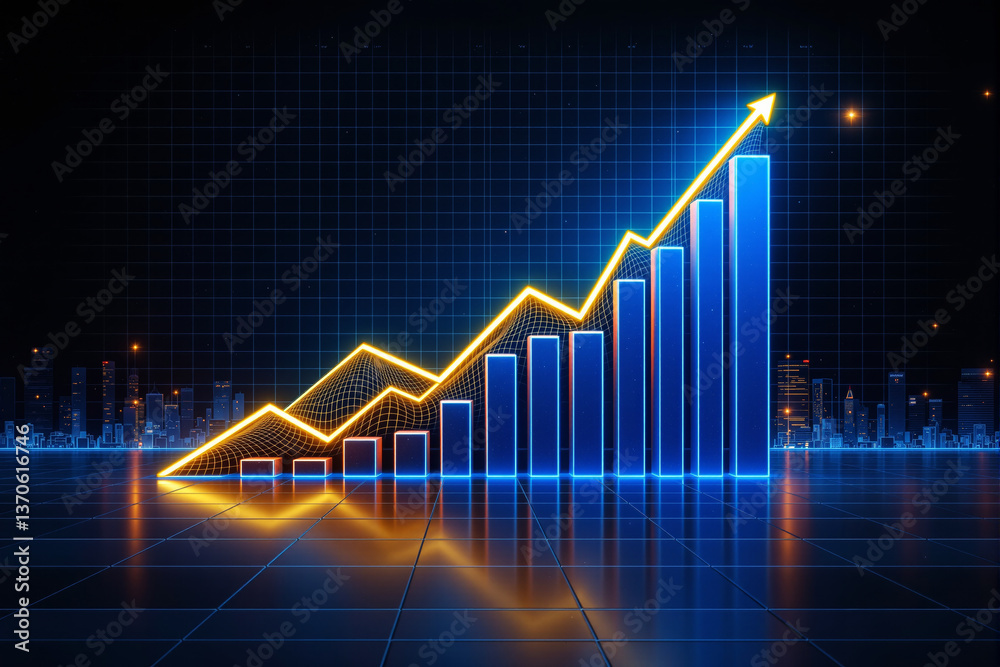 Glowing financial growth chart with rising bar and line graphs on futuristic digital background. Glowing financial growth chart with rising bar and line graphs on futuristic digital background.
