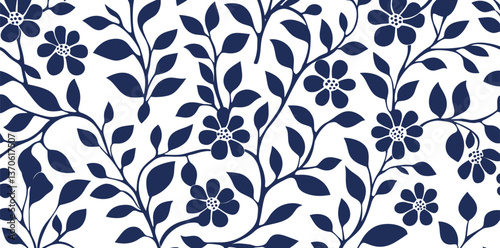 Blue pattern with Matisse-style flowers, simple shapes, symmetrical composition, and a seamless texture.