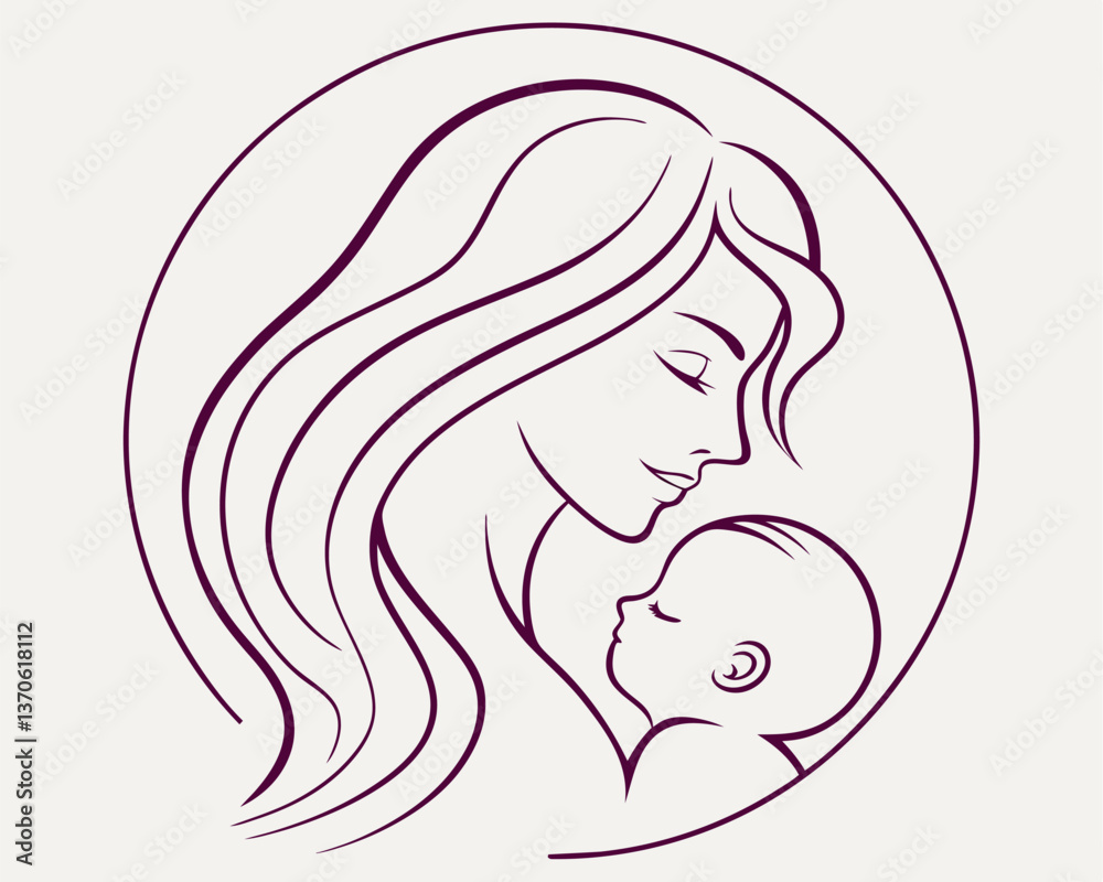 Black and White Line Art of Mother Holding Baby in Heart. Black and White Line Art of Mother Holding Baby in Heart.