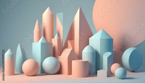 A digital art piece featuring a dense arrangement of three-dimensional shapes in a soft, pastel color palette