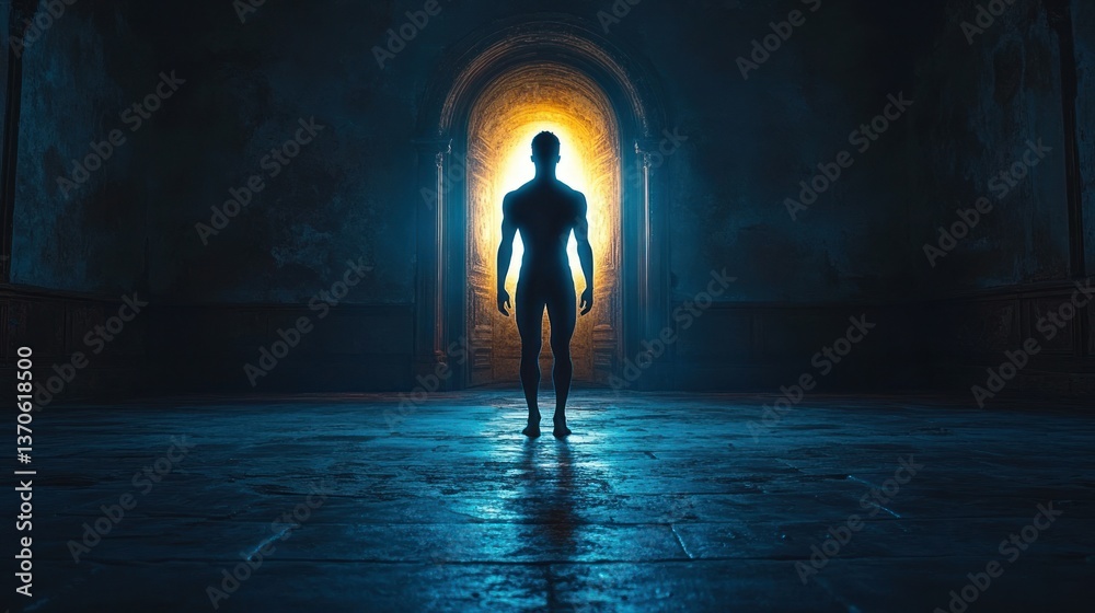 Silhouette figure in ancient doorway Silhouette figure in ancient doorway