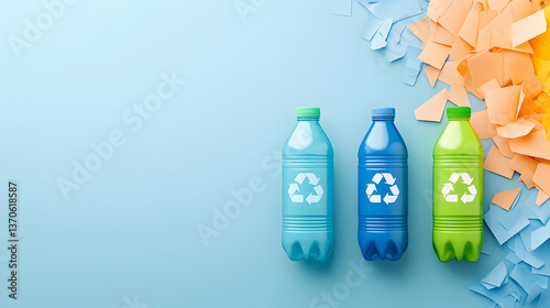 Three recyclable plastic bottles on a blue background with colorful paper scraps