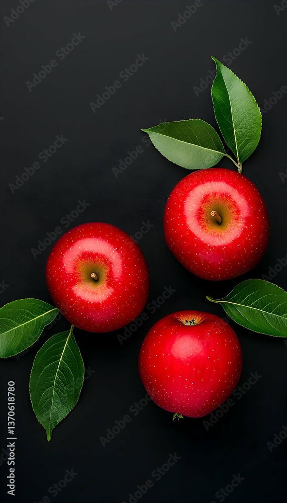 Obraz premium Three ripe red apples with green leaves on a dark background