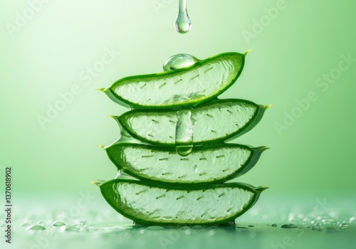 Fresh aloe vera slices stacked with droplets, symbolizing natural skincare