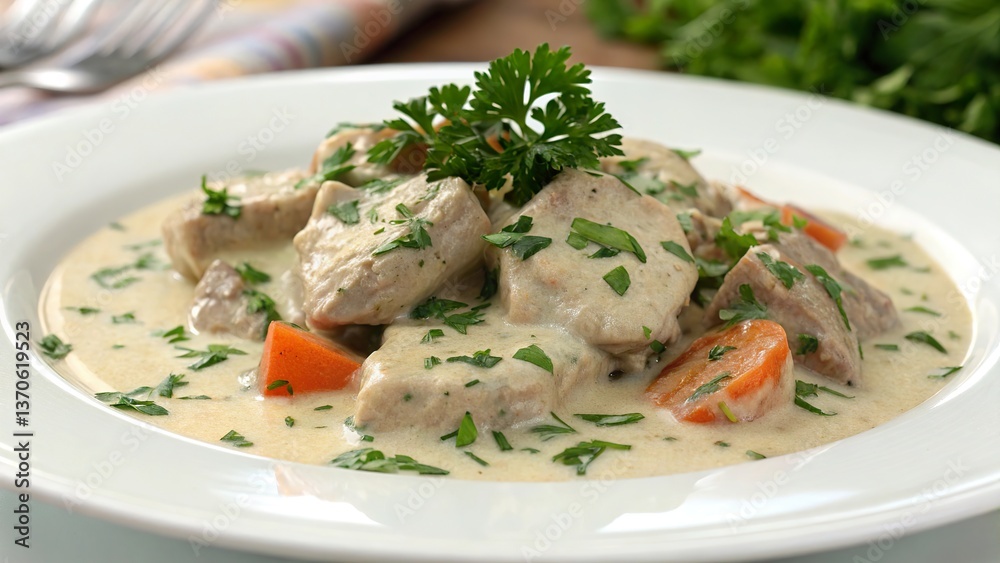 Savory blanquette de veau adorned with fresh parsley on a pristine plate capturing the essence of French culinary tradition Savory blanquette de veau adorned with fresh parsley on a pristine plate capturing the essence of French culinary tradition