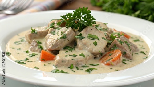 Savory blanquette de veau adorned with fresh parsley on a pristine plate capturing the essence of French culinary tradition