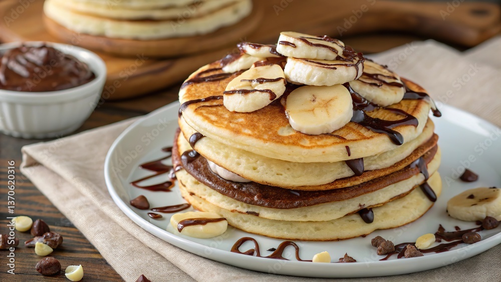 Delicious blini stacked high with nutella and fresh banana slices for a mouthwatering treat Delicious blini stacked high with nutella and fresh banana slices for a mouthwatering treat
